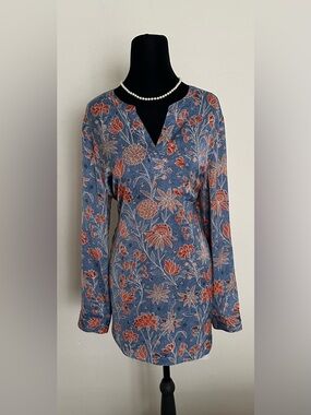 Chico's Blue Floral V-Neck Tunic with Rust Accents